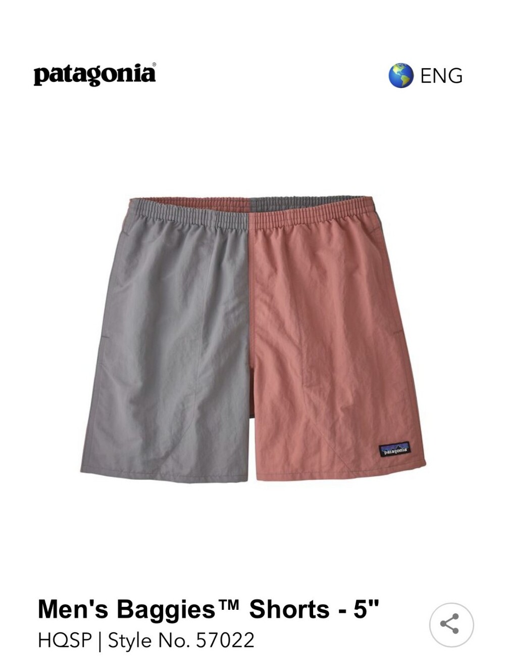 Patagonia Men's Baggies™ 5" Two-Tone Shorts — Gray & Dusty Rose Size Small